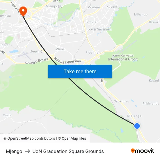 Mjengo to UoN Graduation Square Grounds map