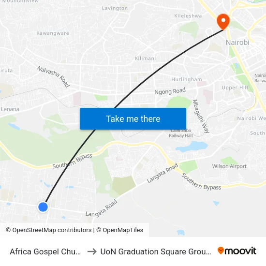 Africa Gospel Church to UoN Graduation Square Grounds map
