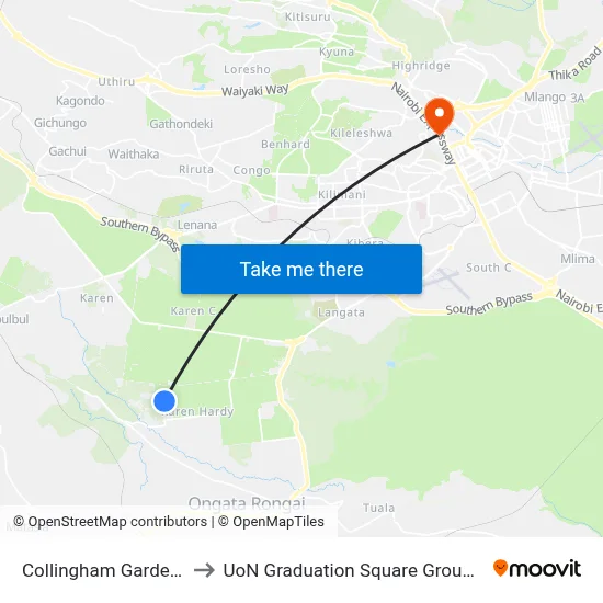 Collingham Gardens to UoN Graduation Square Grounds map