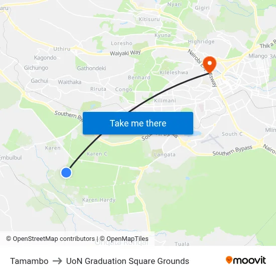 Tamambo to UoN Graduation Square Grounds map