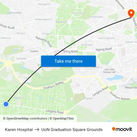 Karen Hospital to UoN Graduation Square Grounds map