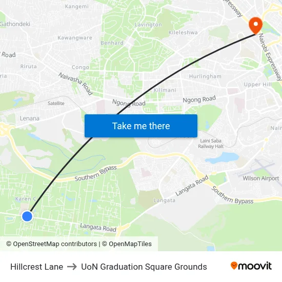 Hillcrest Lane to UoN Graduation Square Grounds map