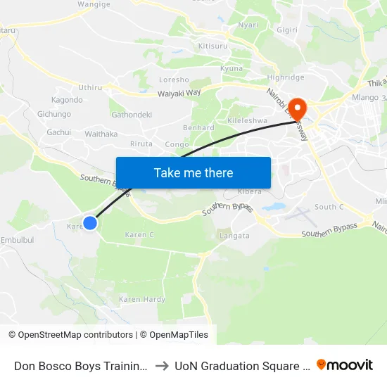 Don Bosco Boys Training Institut to UoN Graduation Square Grounds map