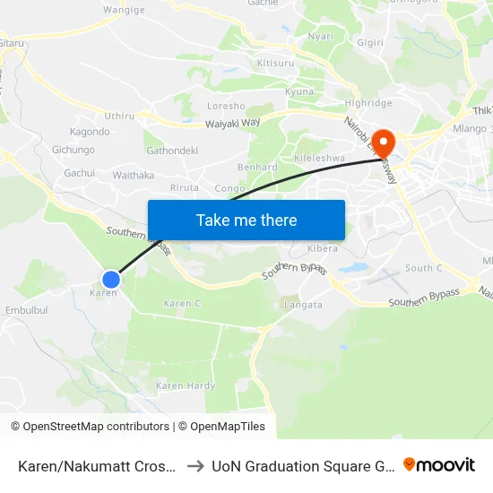 Karen/Nakumatt Crossroads to UoN Graduation Square Grounds map