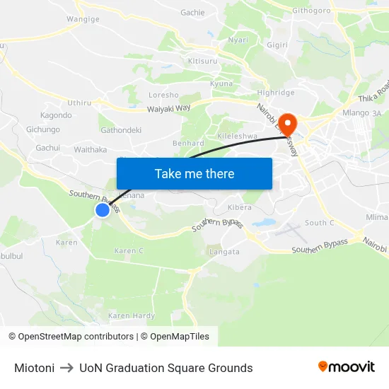 Miotoni to UoN Graduation Square Grounds map