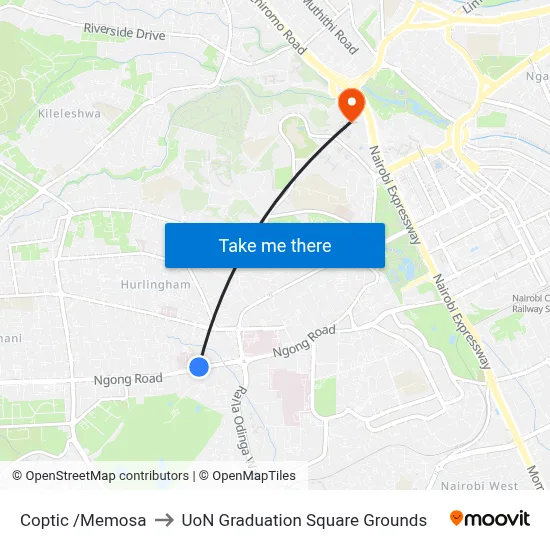 Coptic /Memosa to UoN Graduation Square Grounds map