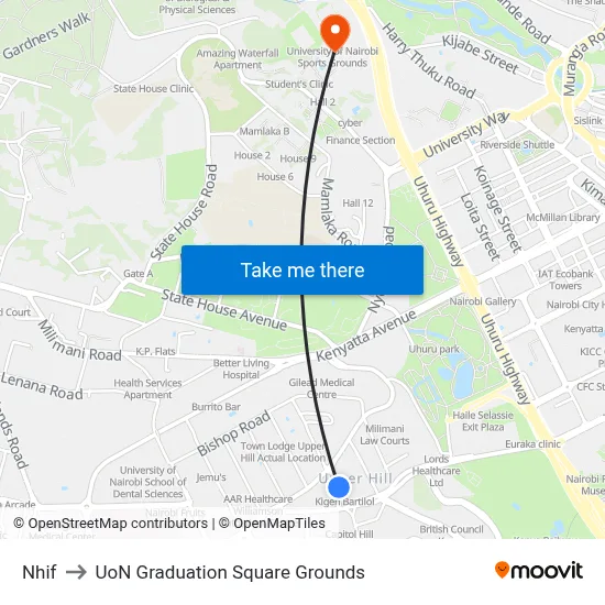 Nhif to UoN Graduation Square Grounds map