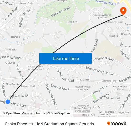 Chaka Place to UoN Graduation Square Grounds map