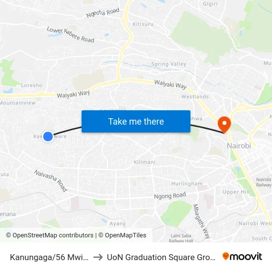 Kanungaga/56 Mwisho to UoN Graduation Square Grounds map