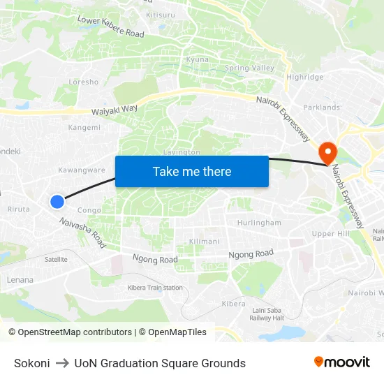 Sokoni to UoN Graduation Square Grounds map