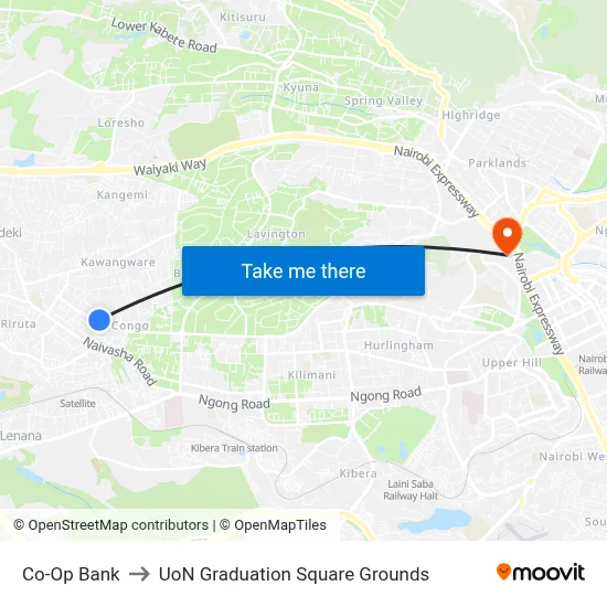 Co-Op Bank to UoN Graduation Square Grounds map