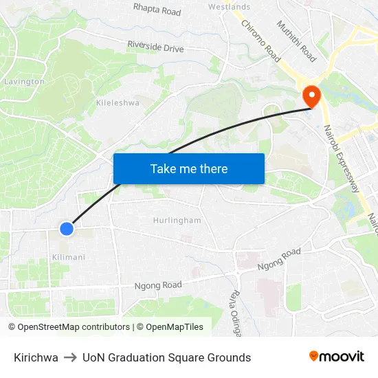 Kirichwa to UoN Graduation Square Grounds map