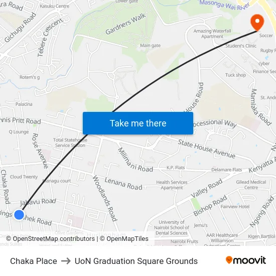 Chaka Place to UoN Graduation Square Grounds map