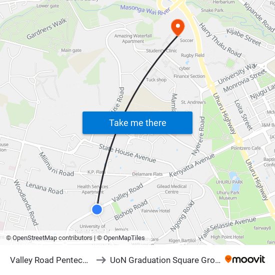 Valley Road Pentecostal to UoN Graduation Square Grounds map