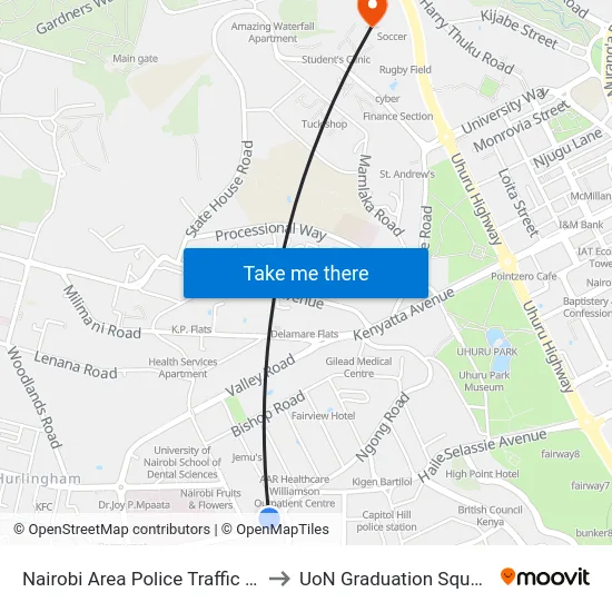 Nairobi Area Police Traffic Headquarters to UoN Graduation Square Grounds map