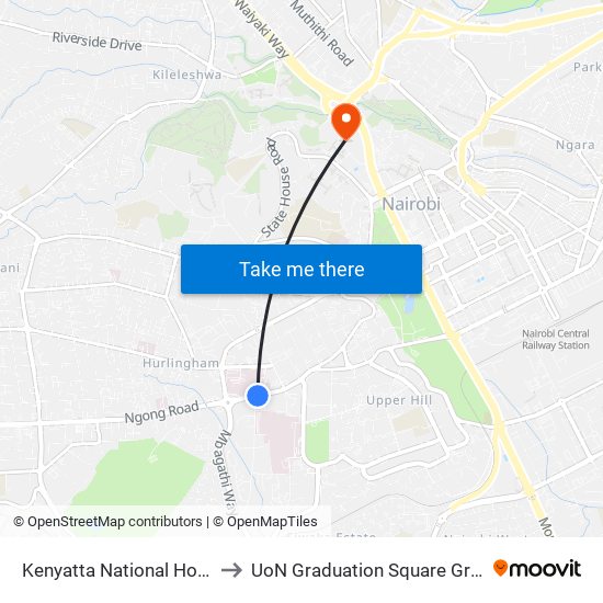 Kenyatta National Hospital to UoN Graduation Square Grounds map