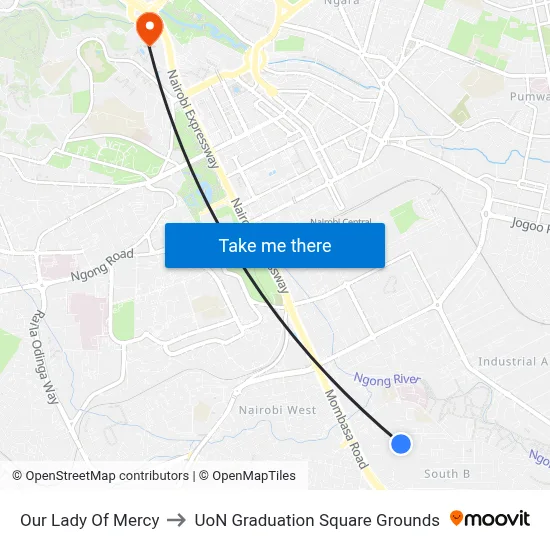 Our Lady Of Mercy to UoN Graduation Square Grounds map