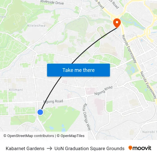 Kabarnet Gardens to UoN Graduation Square Grounds map
