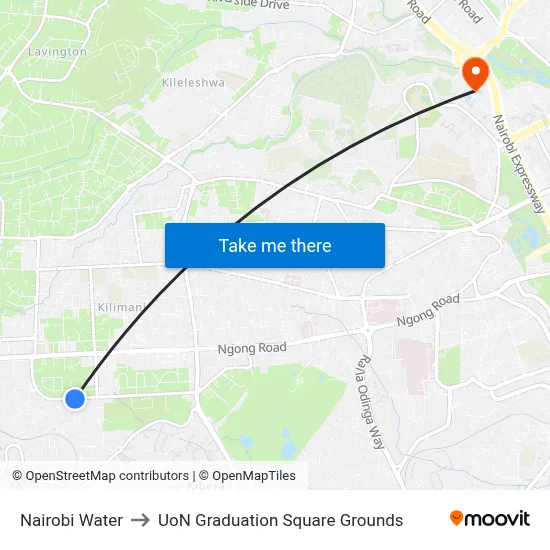 Nairobi Water to UoN Graduation Square Grounds map