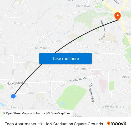 Togo Apartments to UoN Graduation Square Grounds map