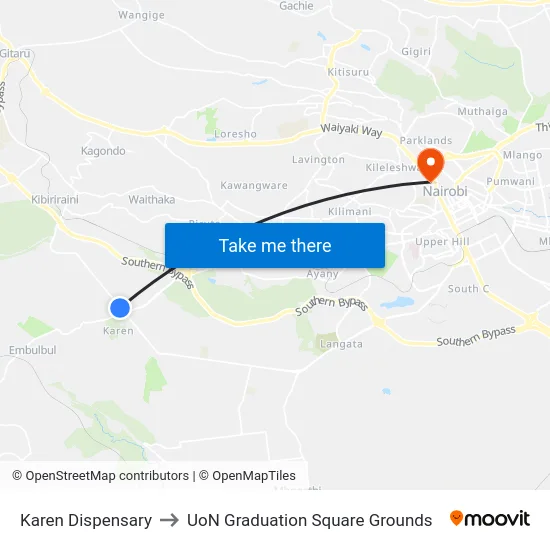 Karen Dispensary to UoN Graduation Square Grounds map