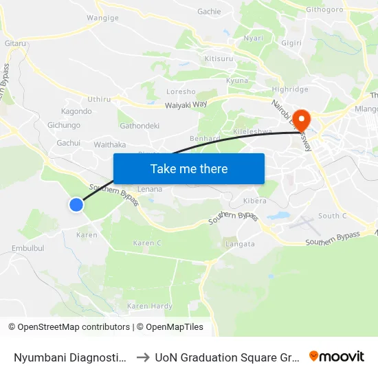 Nyumbani Diagnostic Lab to UoN Graduation Square Grounds map