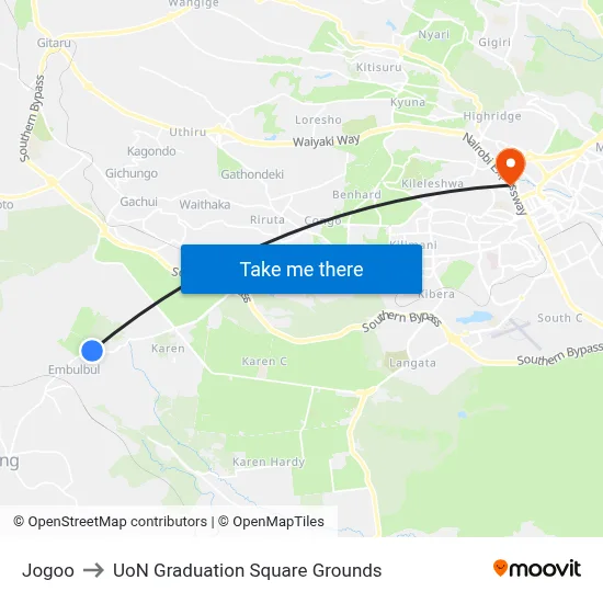 Jogoo to UoN Graduation Square Grounds map
