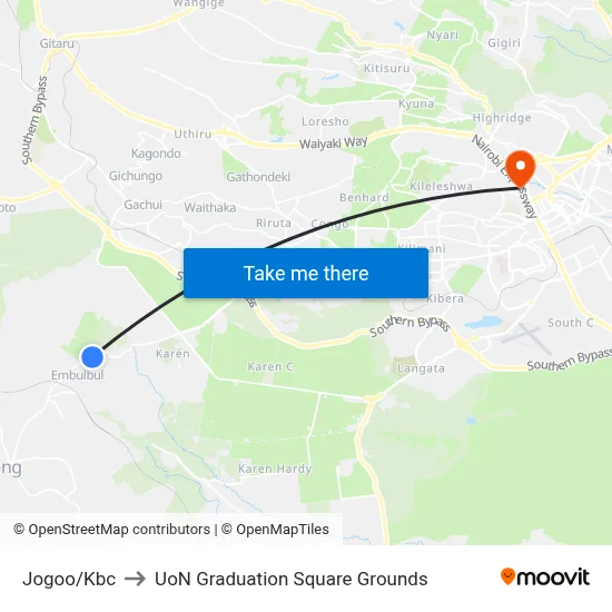Jogoo/Kbc to UoN Graduation Square Grounds map