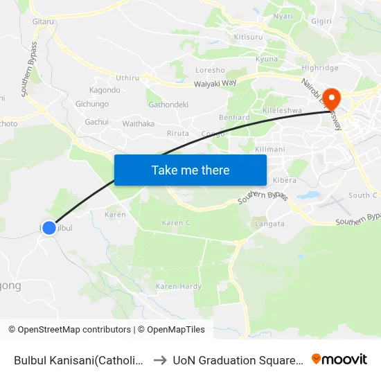 Bulbul Kanisani(Catholic Church) to UoN Graduation Square Grounds map