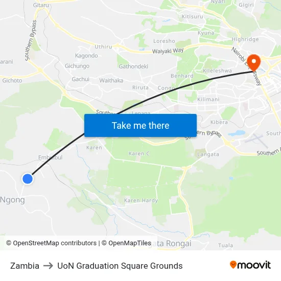 Zambia to UoN Graduation Square Grounds map