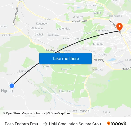 Pcea Endorro Emuny to UoN Graduation Square Grounds map