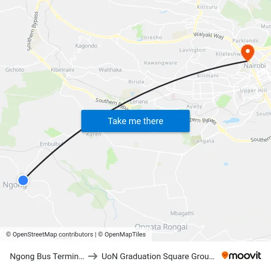 Ngong Bus Terminus to UoN Graduation Square Grounds map