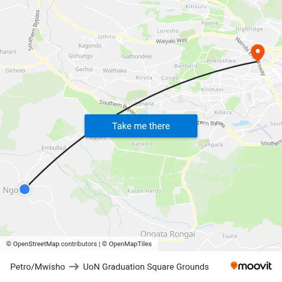 Petro/Mwisho to UoN Graduation Square Grounds map
