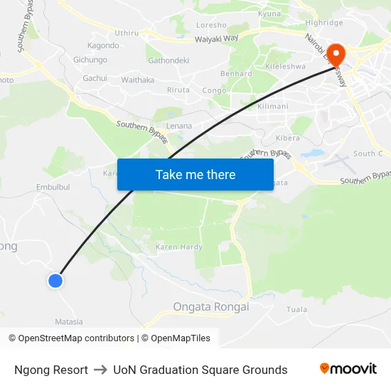 Ngong Resort to UoN Graduation Square Grounds map