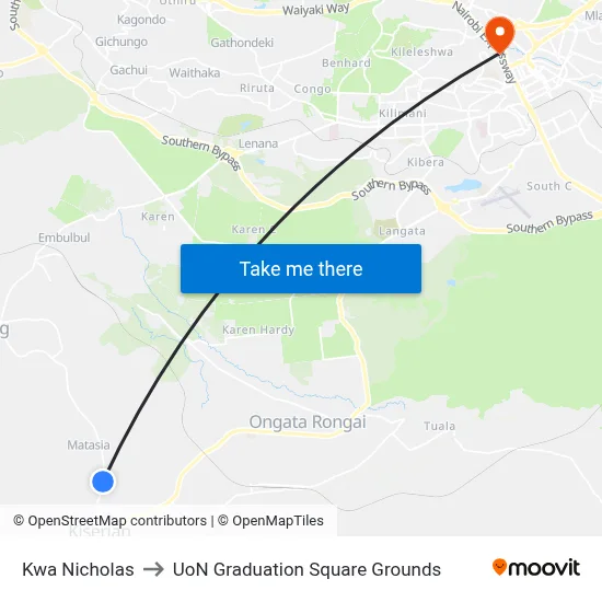 Kwa Nicholas to UoN Graduation Square Grounds map