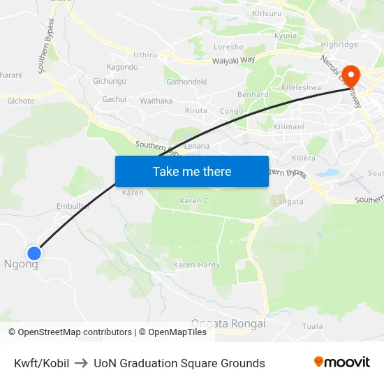 Kwft/Kobil to UoN Graduation Square Grounds map
