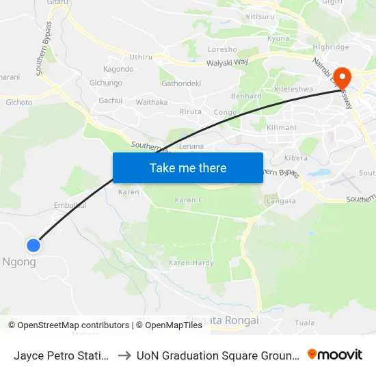Jayce Petro Station to UoN Graduation Square Grounds map