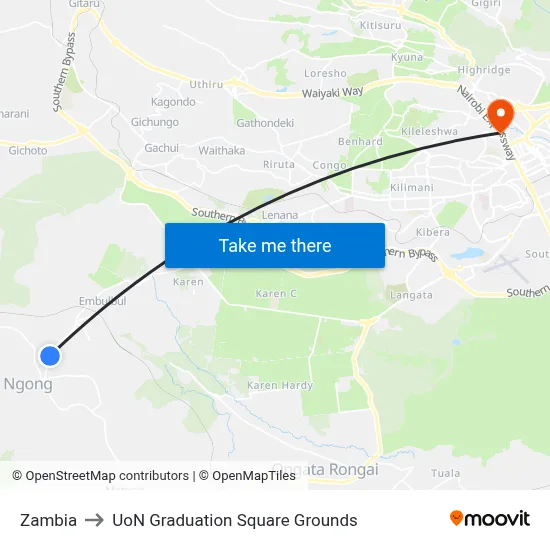 Zambia to UoN Graduation Square Grounds map