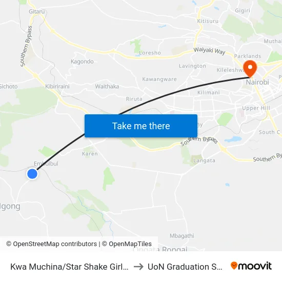 Kwa Muchina/Star Shake Girls' Secondary School to UoN Graduation Square Grounds map