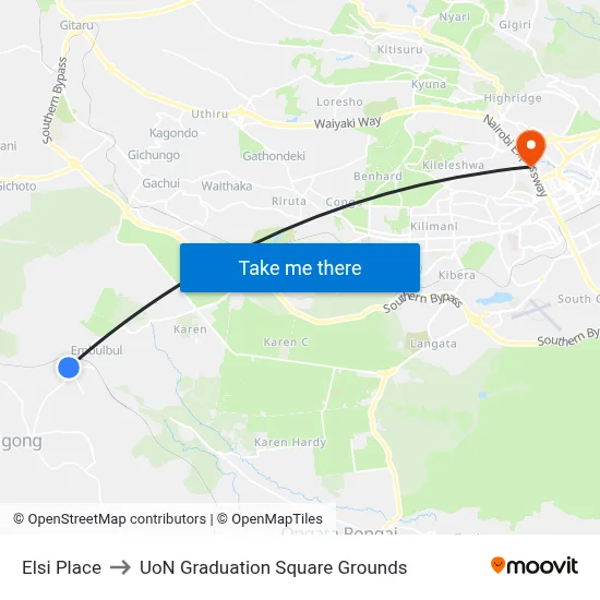 Elsi Place to UoN Graduation Square Grounds map