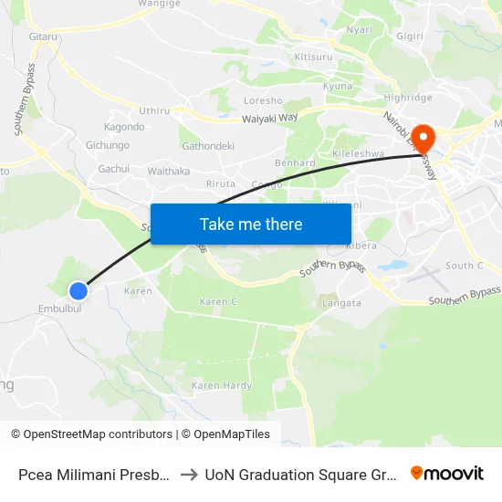 Pcea Milimani Presbytary to UoN Graduation Square Grounds map