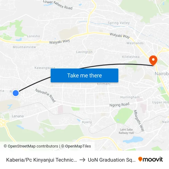 Kaberia/Pc Kinyanjui Technical Training Institute to UoN Graduation Square Grounds map