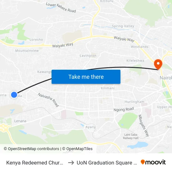 Kenya Redeemed Church Riruta to UoN Graduation Square Grounds map