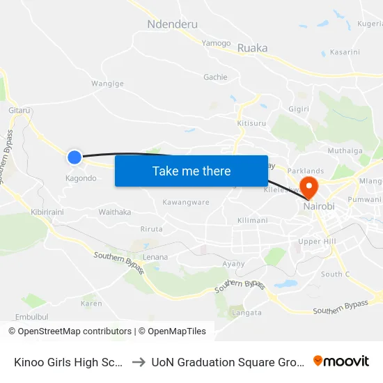Kinoo Girls High School to UoN Graduation Square Grounds map