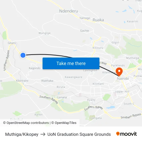 Muthiga/Kikopey to UoN Graduation Square Grounds map