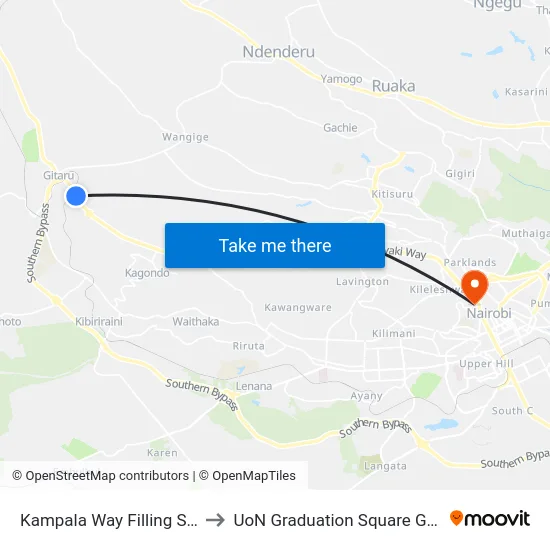 Kampala Way Filling Station to UoN Graduation Square Grounds map