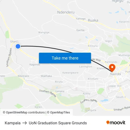 Kampala to UoN Graduation Square Grounds map