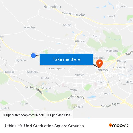 Uthiru to UoN Graduation Square Grounds map