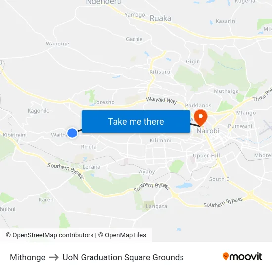 Mithonge to UoN Graduation Square Grounds map