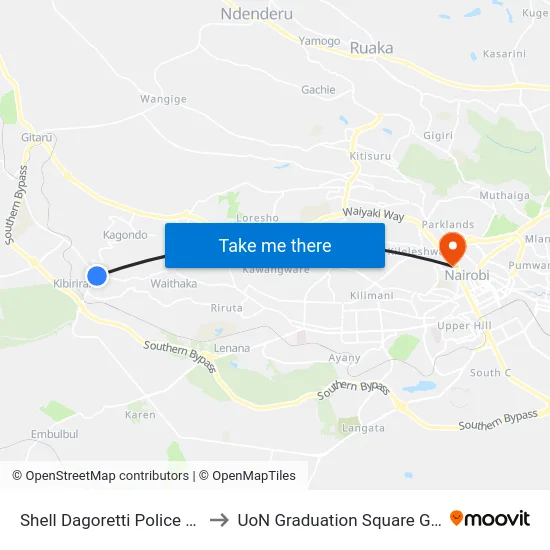 Shell Dagoretti Police Station to UoN Graduation Square Grounds map